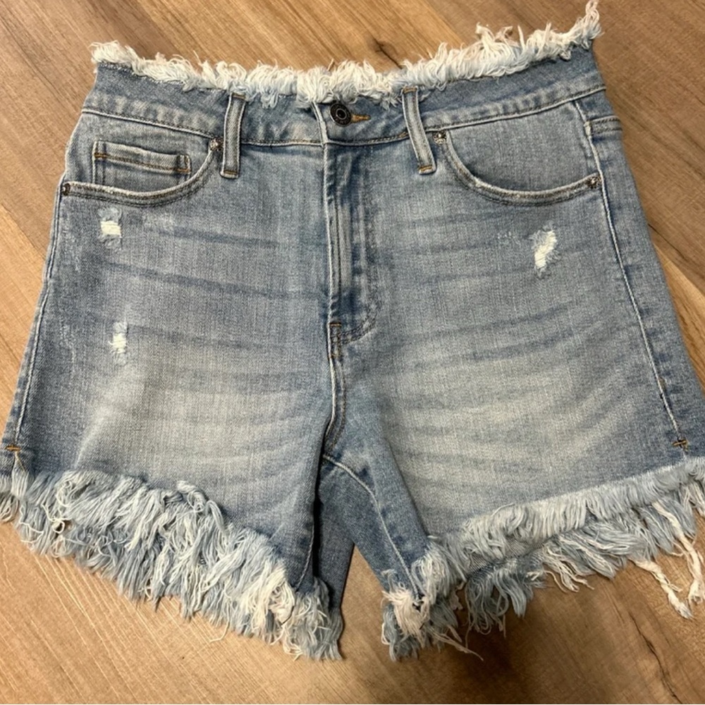 Blue Distressed Jean Shorts with Frayed Hem